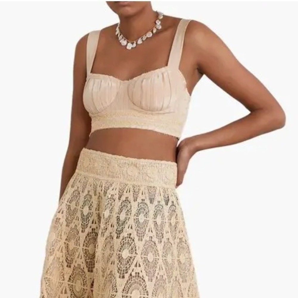 EMPORIO SIRENUSE Dalia Cropped Raffia Trimmed Silk Crepe De Chine Top